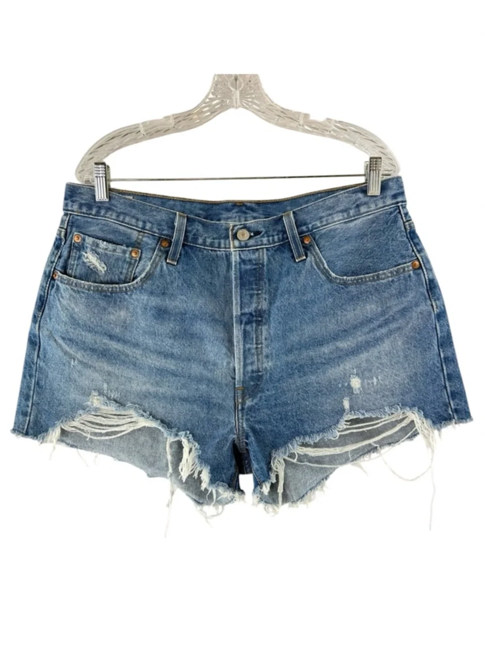 Levi's Premium 501 Blue High Rise Distressed Jean Short Cutoff Shorts NWOT